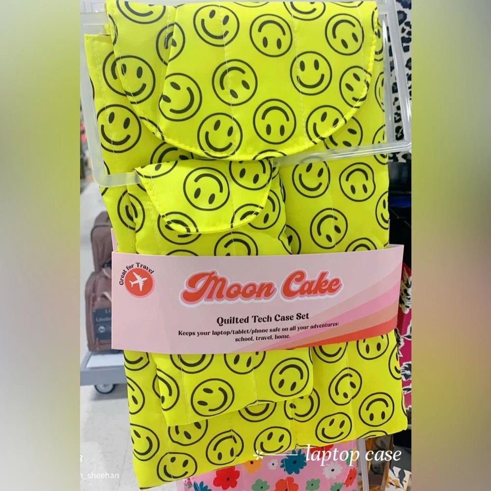 Moon Cake Quilted Tech Case Set For Laptop Tablet & Phone bag smiley faces
